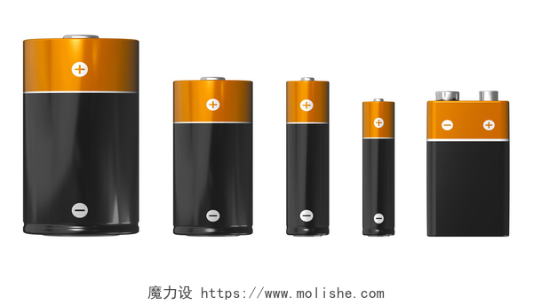 白色背景上的不同形状电池不同大小的电池: d、 c、 aa、 aaa 级和 pp3 （9v)